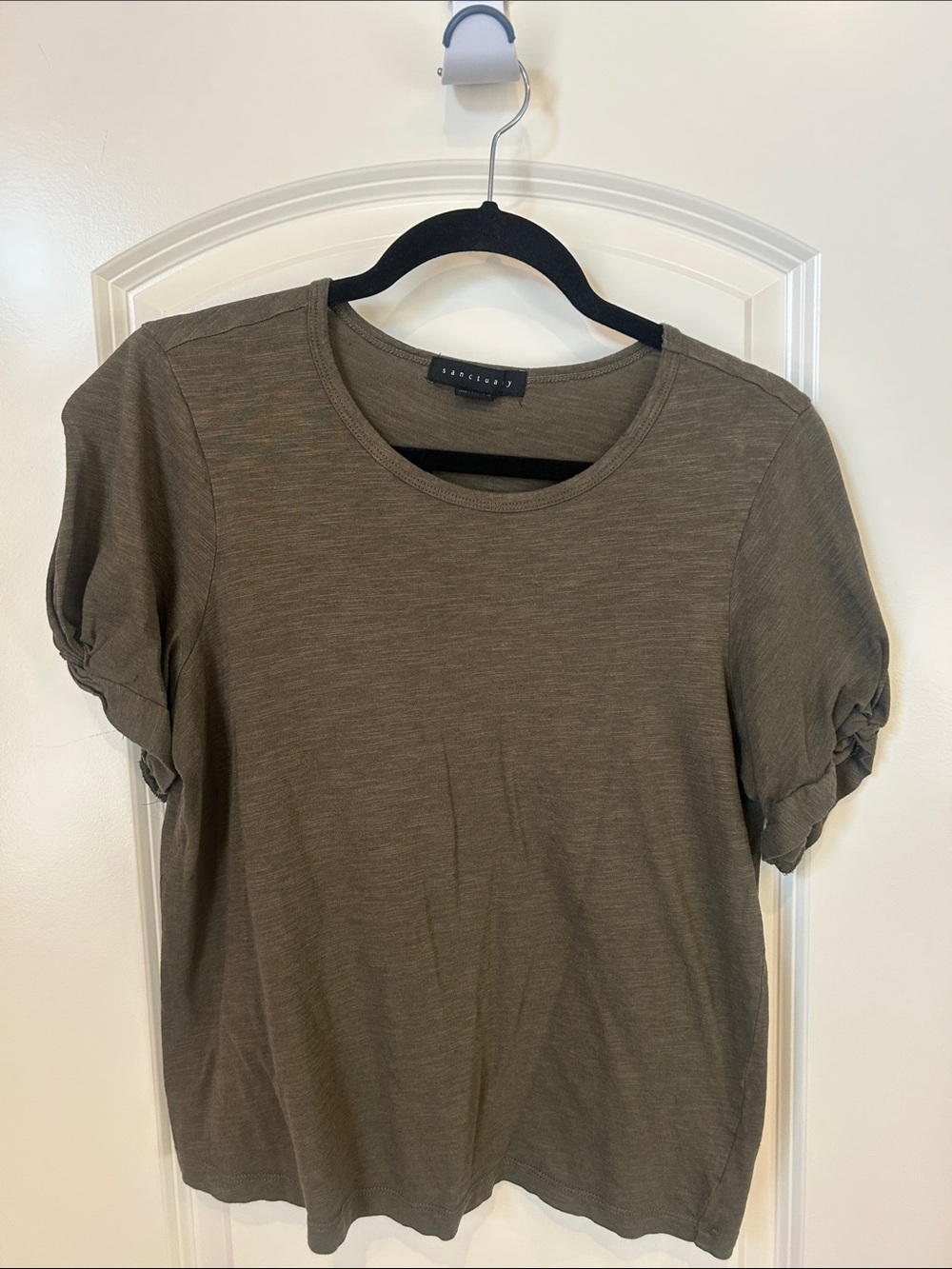 Sanctuary Olive Short Sleeve Crewneck with Ruched Sleeves